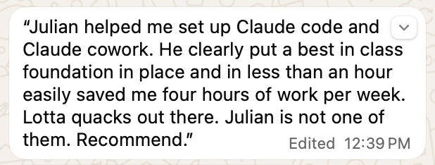 Client message about AI setup saving four hours per week.